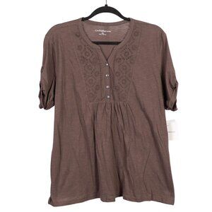 Croft & Barrow Eyelet Shirt XL Womens Brown Rolled Tab Short Sleeve VNeck Boho